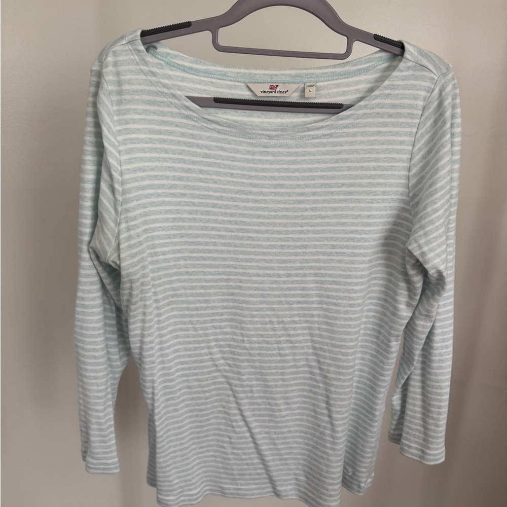 Vineyard Vines White and Blue boatneck Fitted 3/4 Sleeve T-Shirt